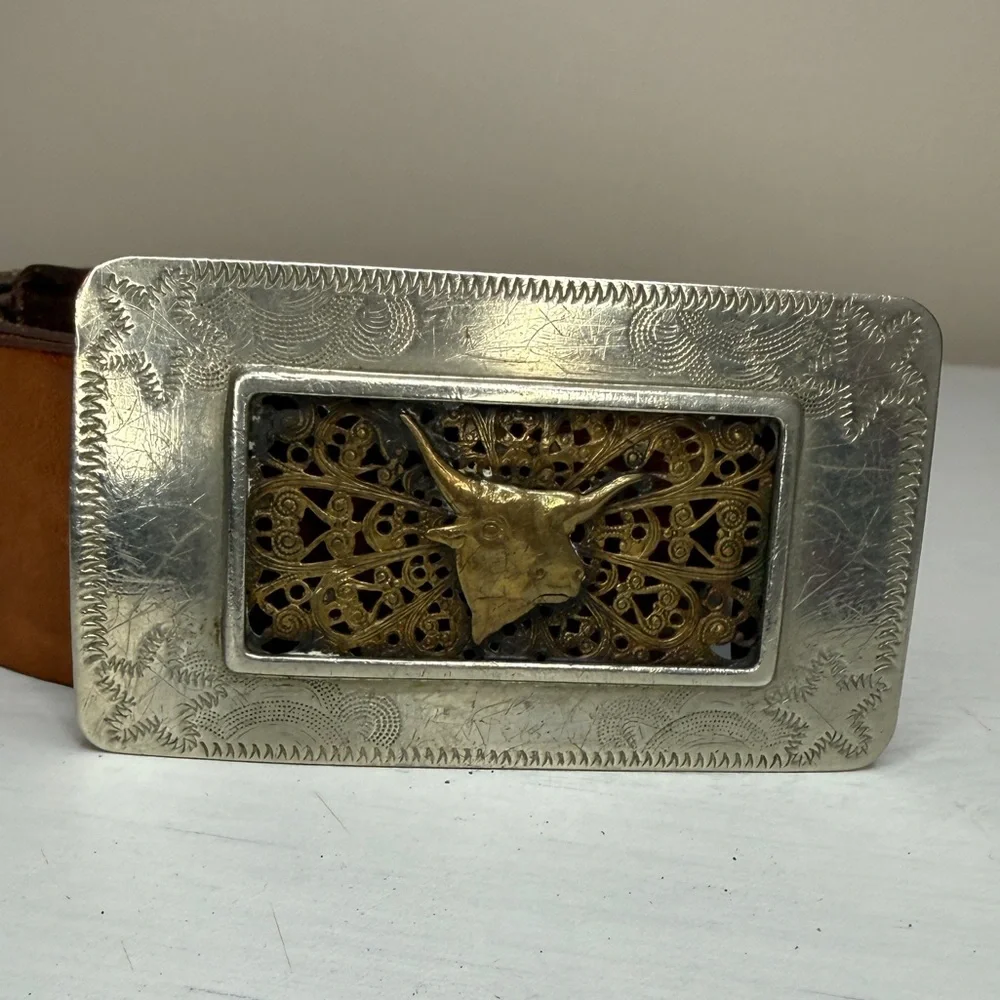 Art Deco Nickel Silver and Copper Belt Buckle & Italian Leather Belt